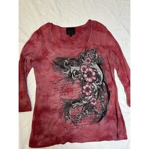 Early 2000’s Y2K Crimson Tie-Dye Long Sleeve With Floral Art Grunge Size L